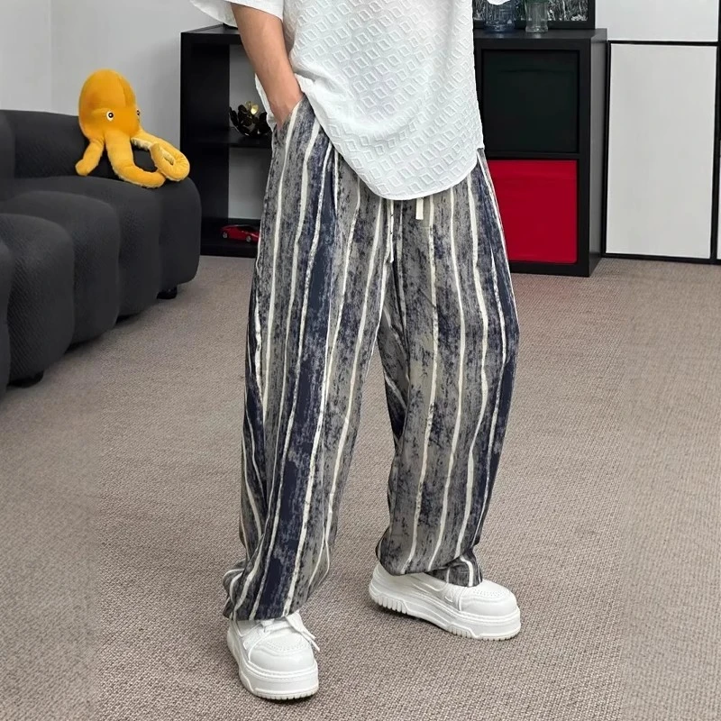 夏季新款超薄透气扎染冰丝凉感直筒休闲裤男士潮流宽松垂感阔腿裤