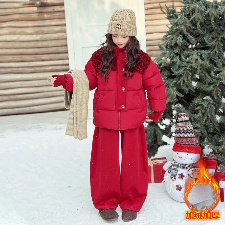 女童冬季新款加绒棉服套装女孩加厚洋气棉衣休闲裤冬款拜年服