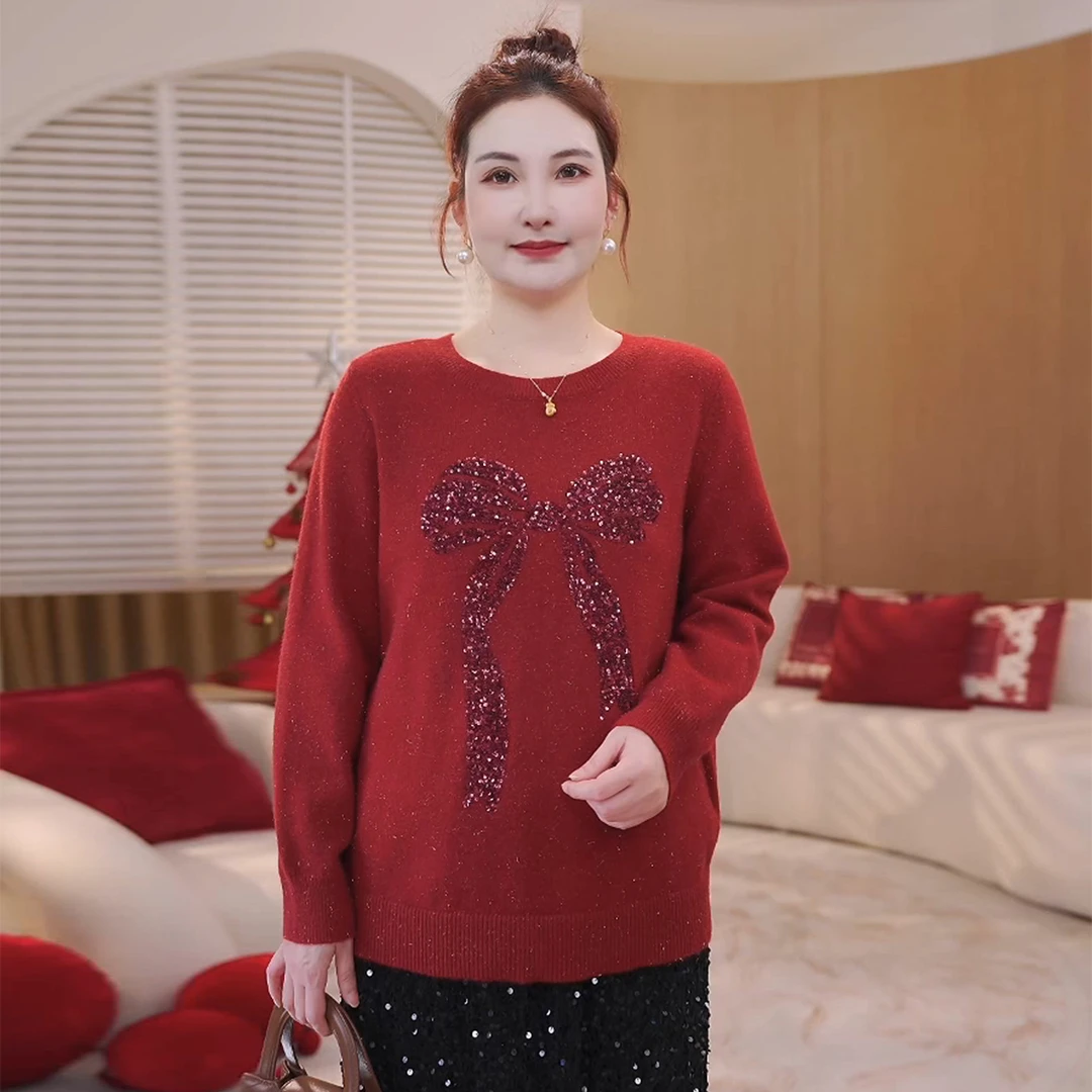 【圣诞穿搭】MsShe大码女装冬北极绒亮片蝴蝶结圆领毛衣S~E2511019