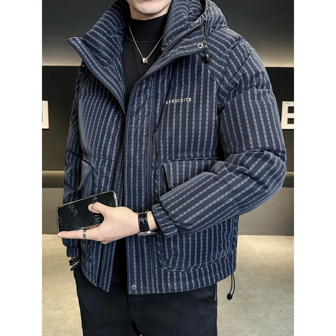 男士条纹羽绒服男款冬装2025新款潮牌高级感连帽短款加厚保暖外套