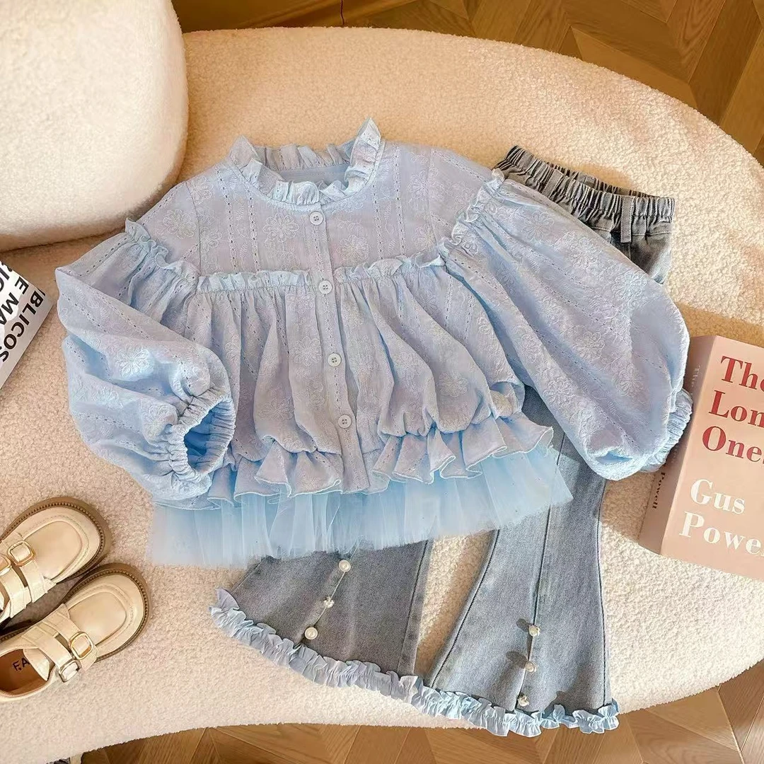 女童秋季套装新款2025儿童洋气时髦休闲秋季花苞衬衫牛仔裤两件套