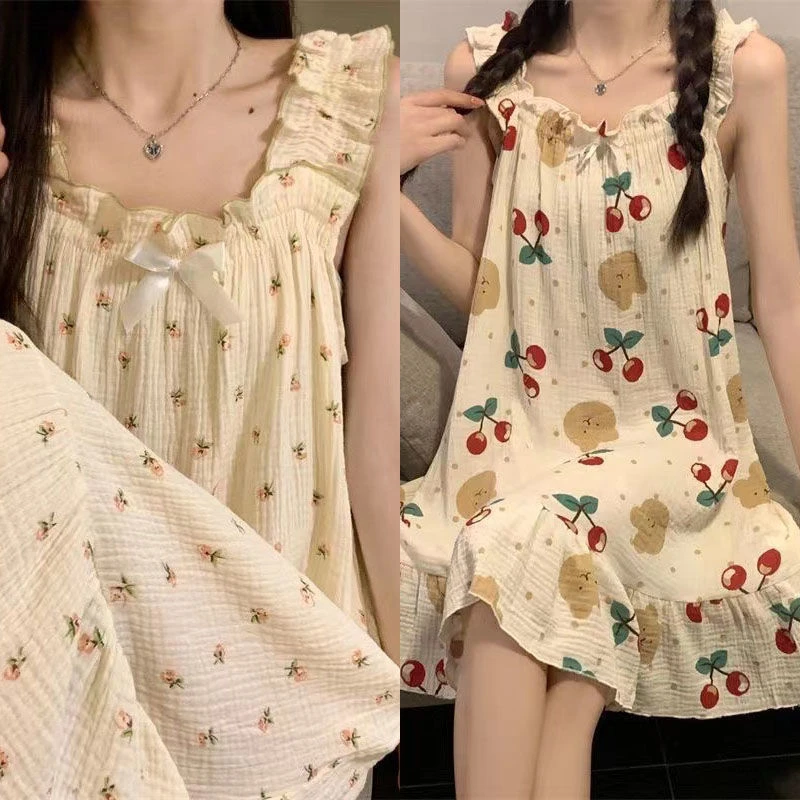 夏天婴儿棉感加肥加大码新款吊带睡裙女学生宽松中长款睡衣裙