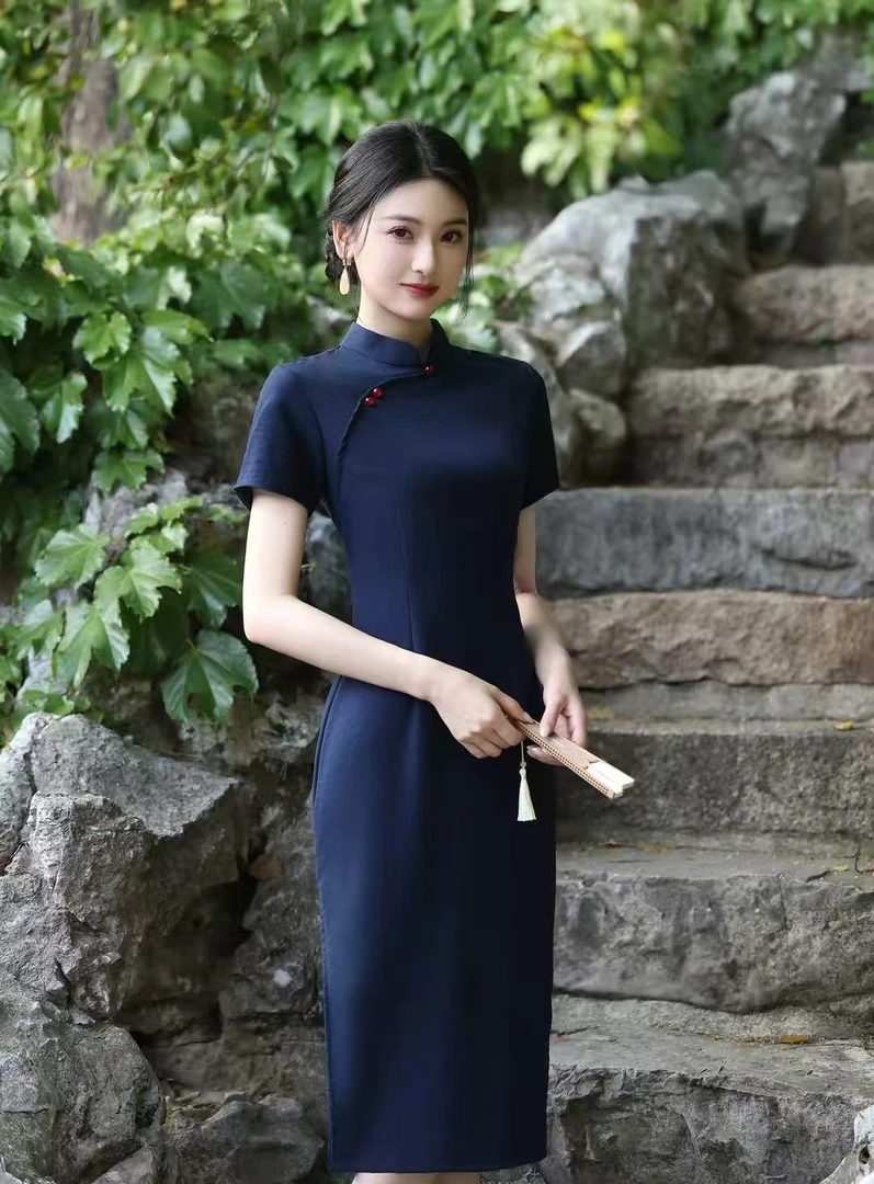 【今喜-江南】2025夏季薄款苏州旗袍藏蓝色气质显瘦显白日常