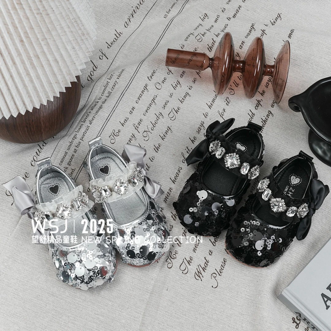望舒家2025女童亮片水钻公主单鞋春季洋气软底百搭小皮鞋061