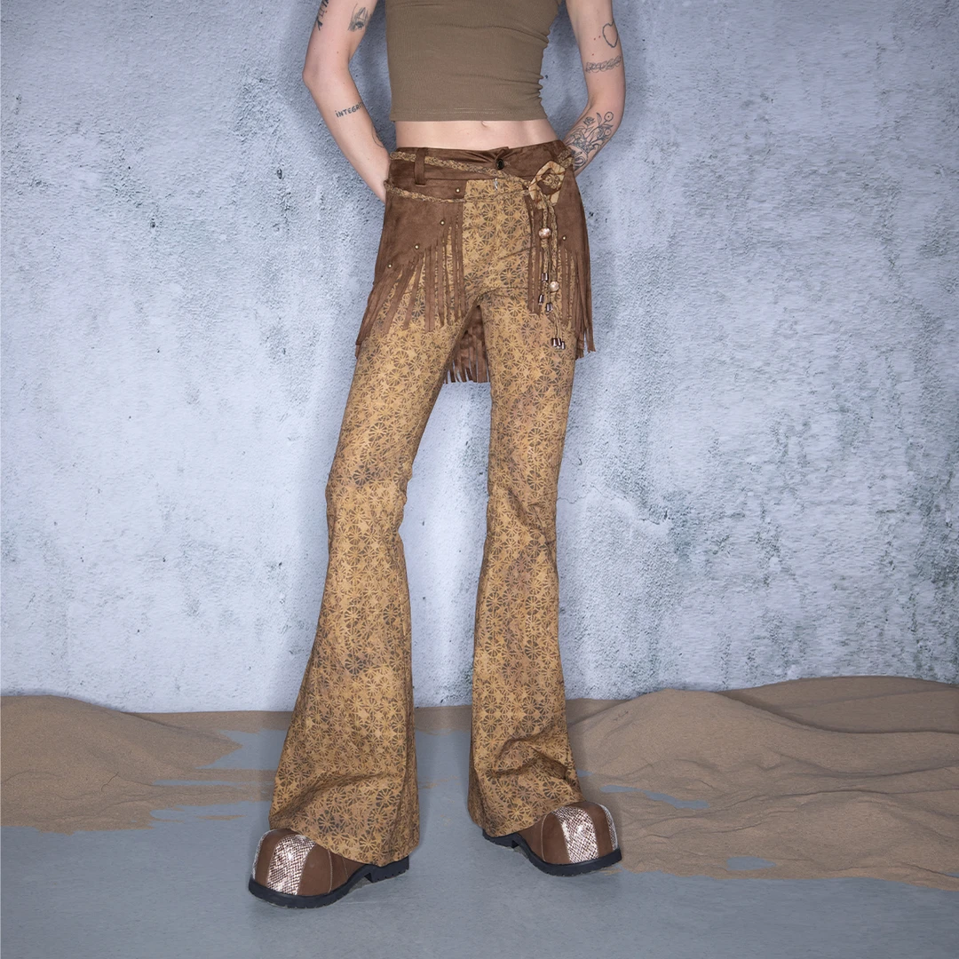 NN-NORTH NODE “帘下的贫草盛放”流苏拼接嬉皮花色微喇裤子