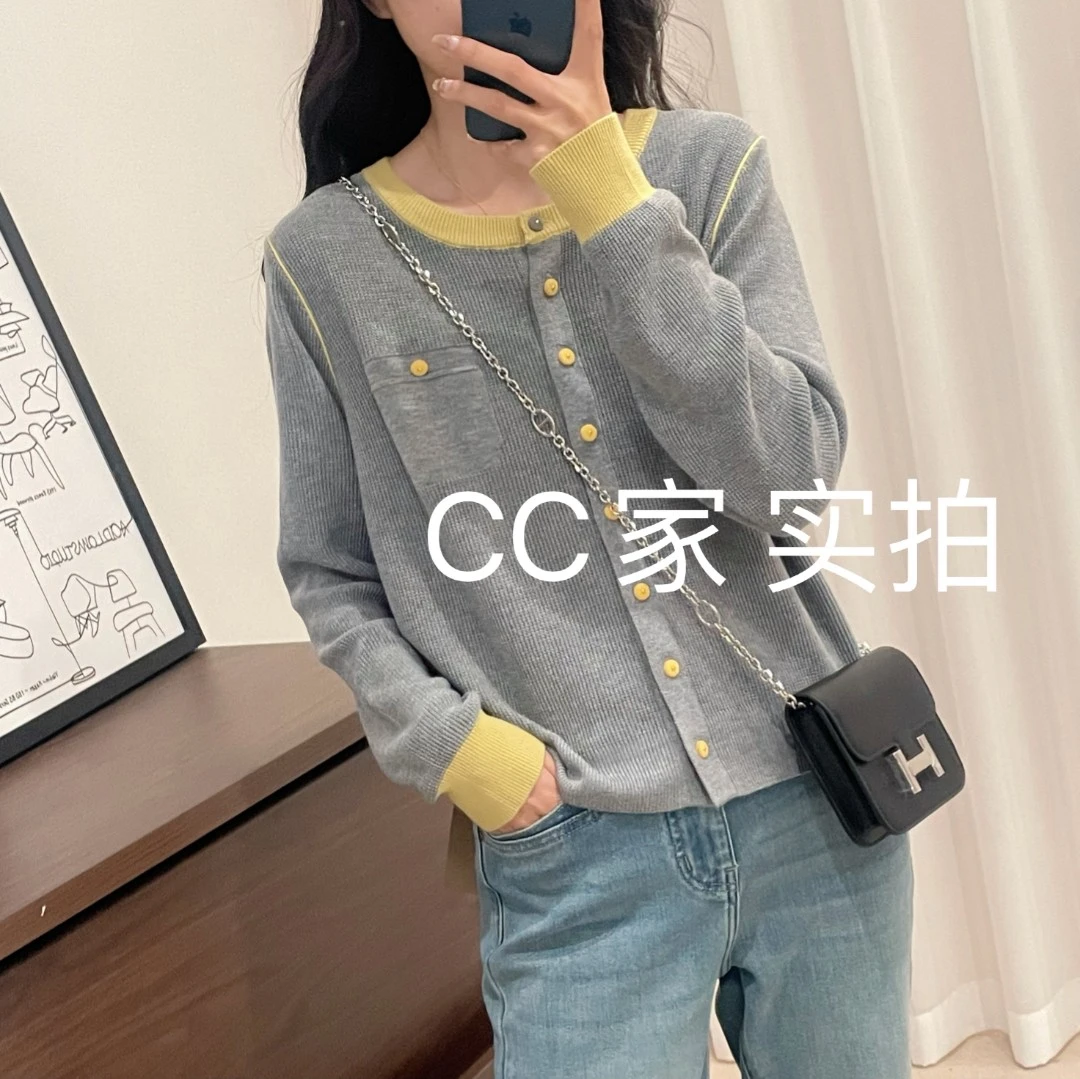 【黄灰拼色鸳鸯扣】圆领宽松百搭时尚洋气秋冬长袖毛衣针织衫外穿
