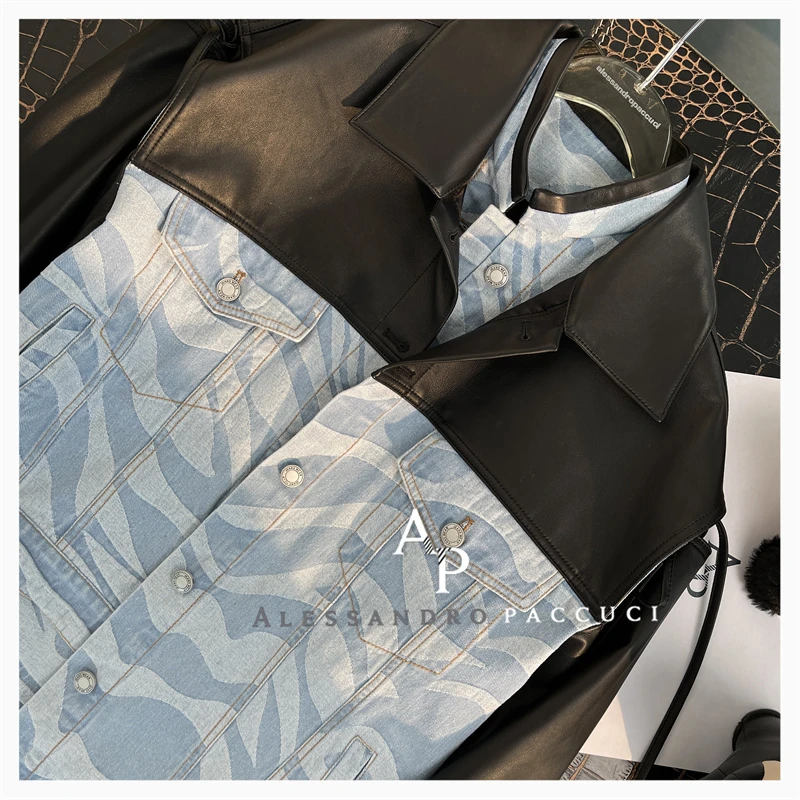 【孤品特价不退换】洛哥15798设计感绵羊皮拼牛仔假两件短外套女