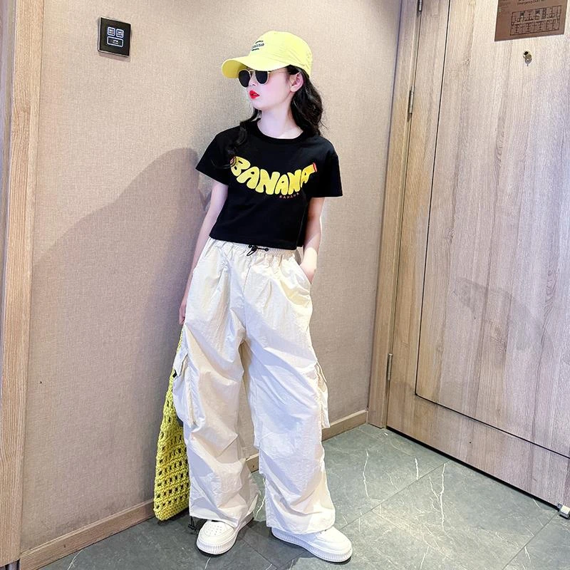 女童酷飒拽姐套装夏季2025新款大童女孩短袖洋气阔腿裤夏装两件套