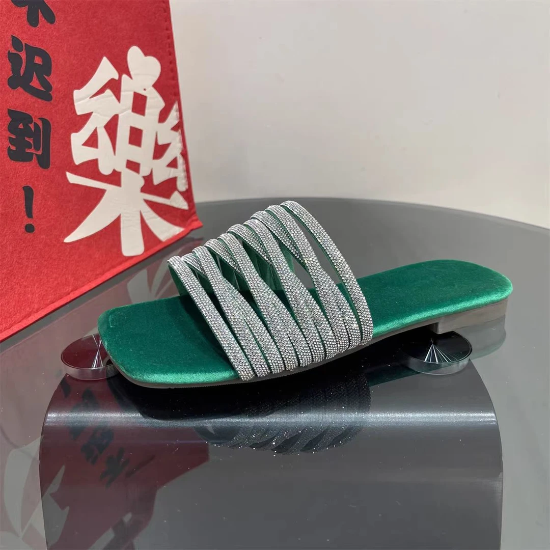 绒面水钻方头露趾平底凉拖外穿C11-5387-01