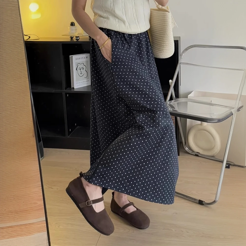 春夏新款波点裙女士大码中长款遮胯西装裤子高腰阔腿裤半身裙