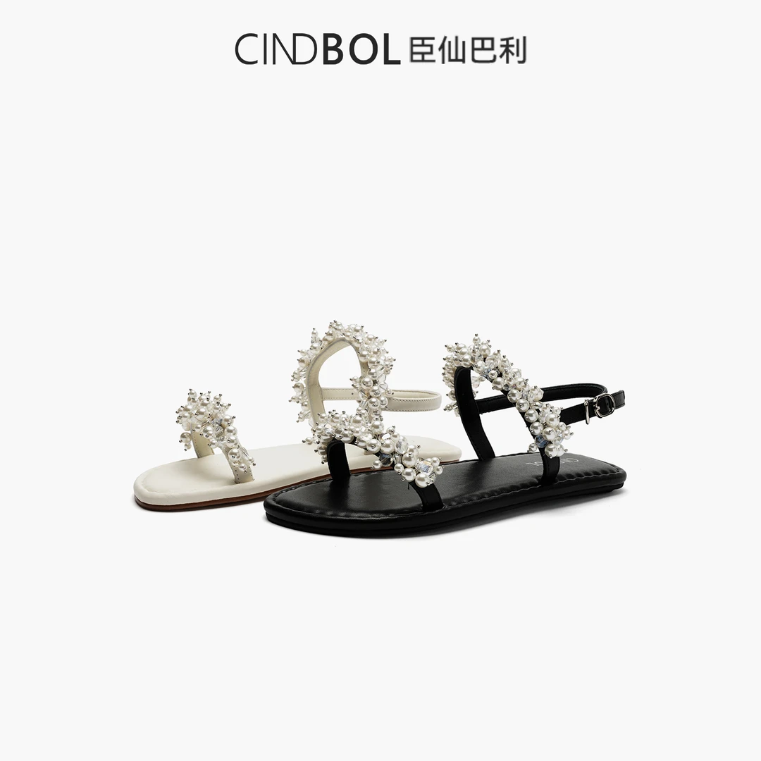 CINDBOL/臣仙巴利  一字带凉鞋珍珠时尚百搭平底气质日常露趾2149