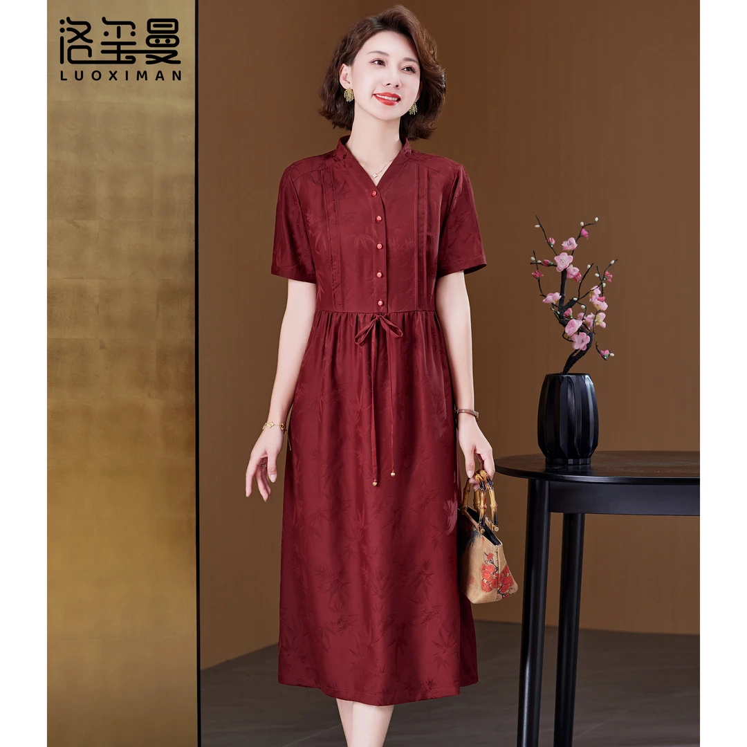 洛玺曼香云纱连衣裙女高端大牌减龄真丝桑蚕丝短袖裙子喜妈妈