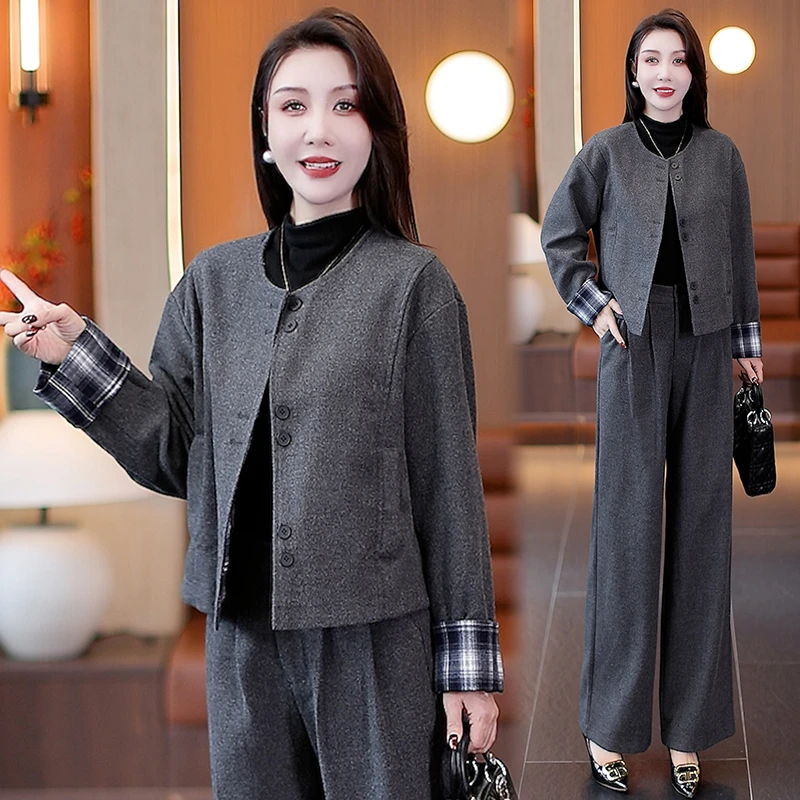 时尚套装女2025秋季新款时髦洋气小香风毛呢外套阔腿裤气质两件套