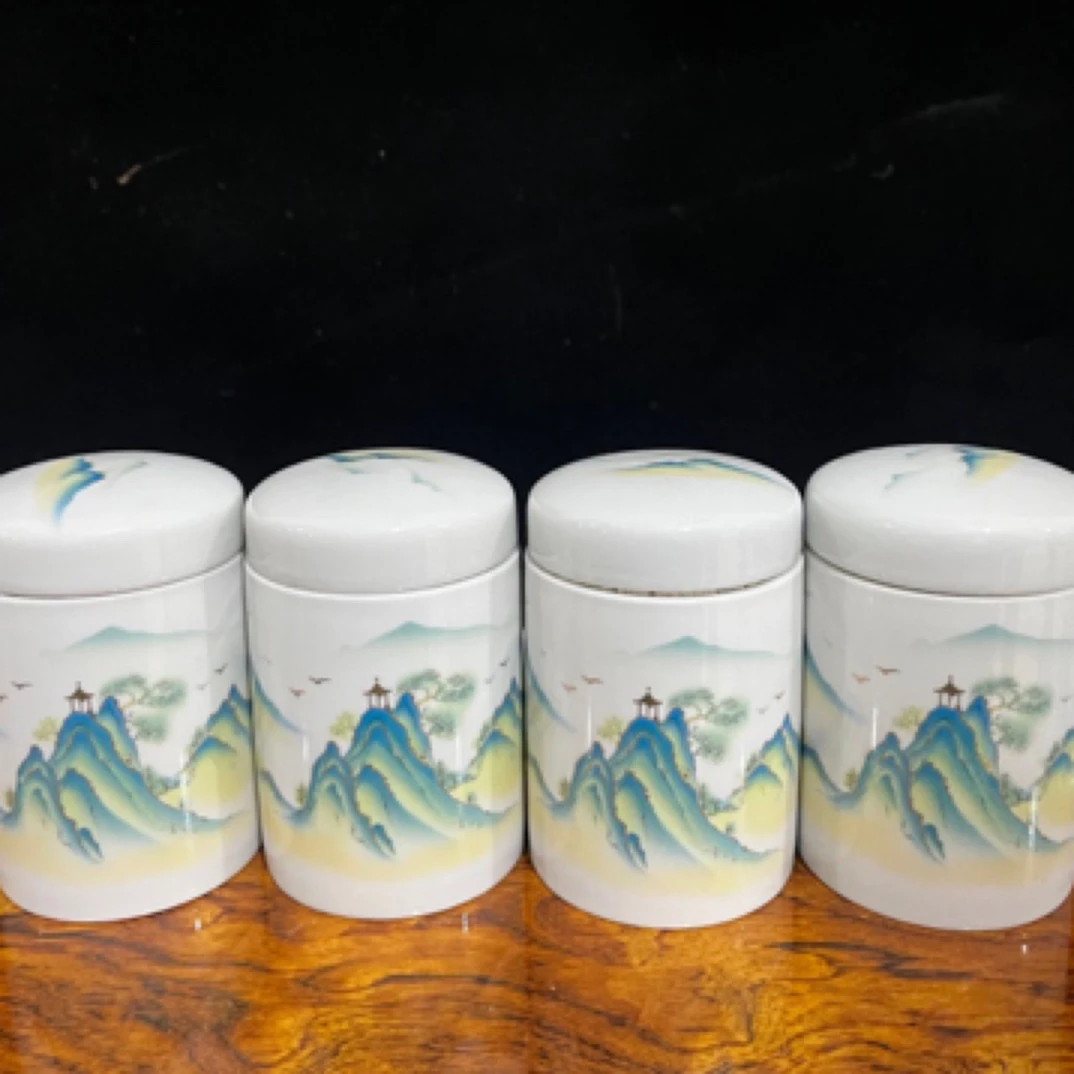 陶瓷茶叶罐千里江山山水描金小号直筒储物罐密封罐