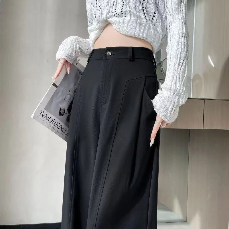 黑色阔腿西装裤女2025春秋款高腰垂感休闲裤镰刀直筒拖地长裤