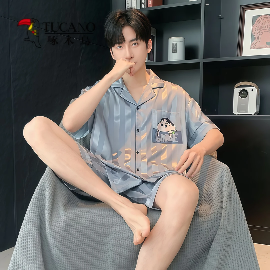 啄木鸟睡衣男夏天冰丝开衫款短袖青少年卡通蜡笔小新宽松家居服薄