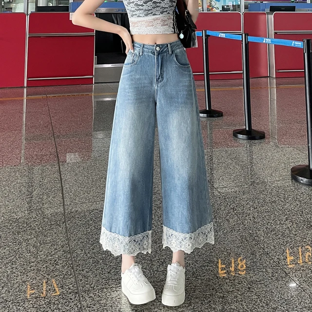 蕾丝花边牛仔裤女夏季薄款2025新款小个子阔腿裤宽松高腰八九分裤
