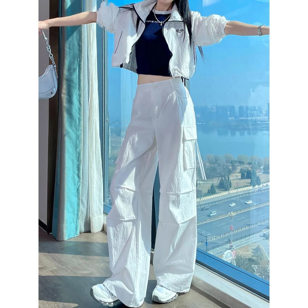 冰丝白色工装裤女夏季薄款2025新款超火酷飒风美式速干阔腿运动裤