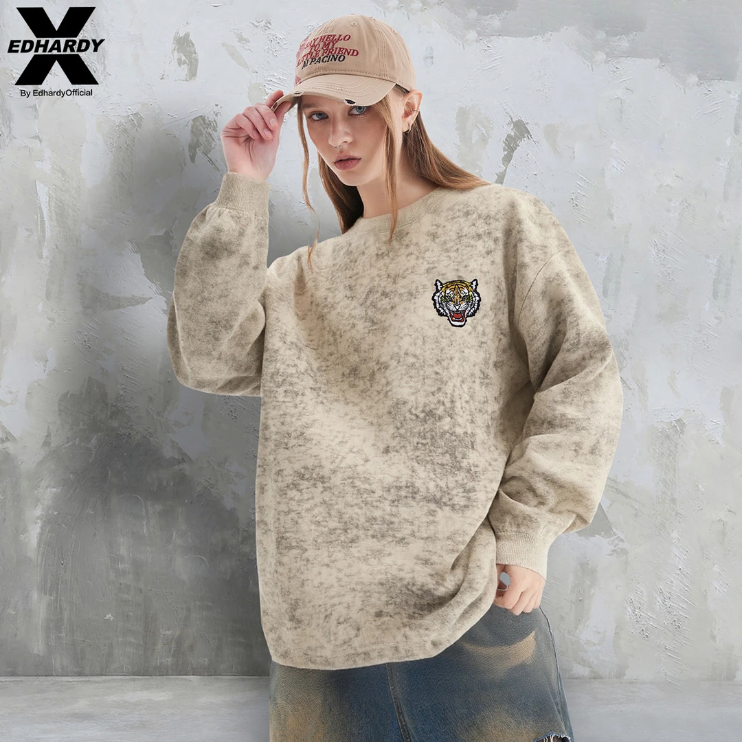 EDHARDY X百搭宽松潮流虎头绣花标圆领卫衣X1C4FA152363