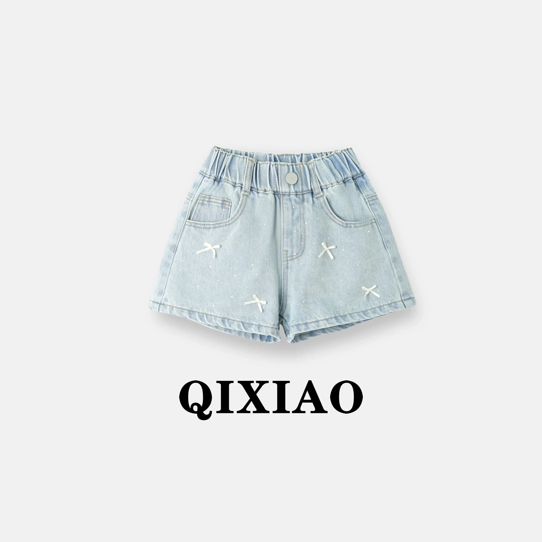 女童夏季牛仔短裤夏季新款亮钻蝴蝶结中大童百搭牛仔薄款短裤A055