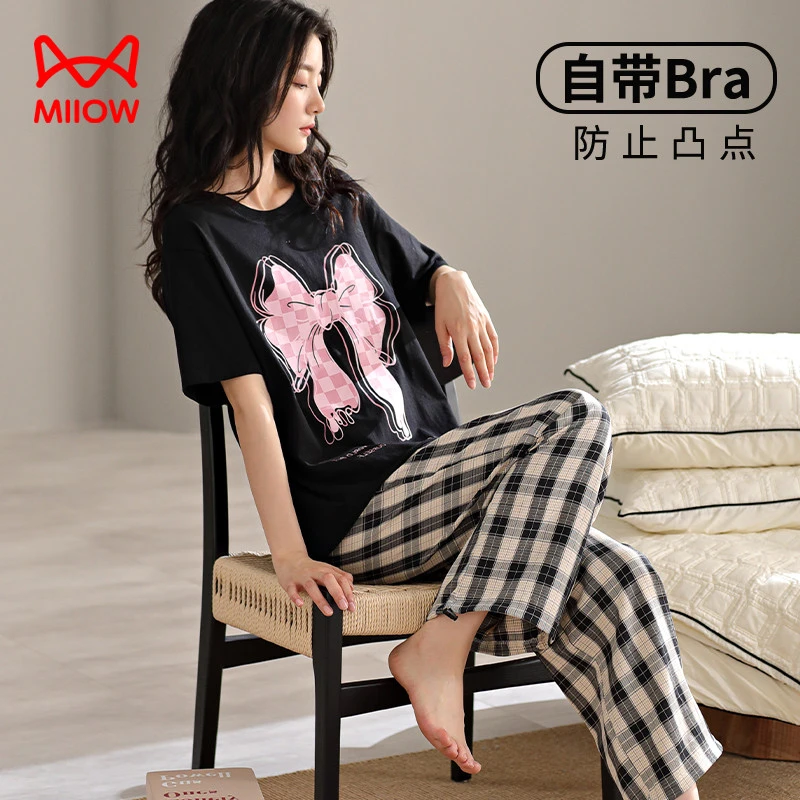 猫人睡衣女套装夏季可外穿薄款居家短袖带胸垫100%纯棉大码家居服