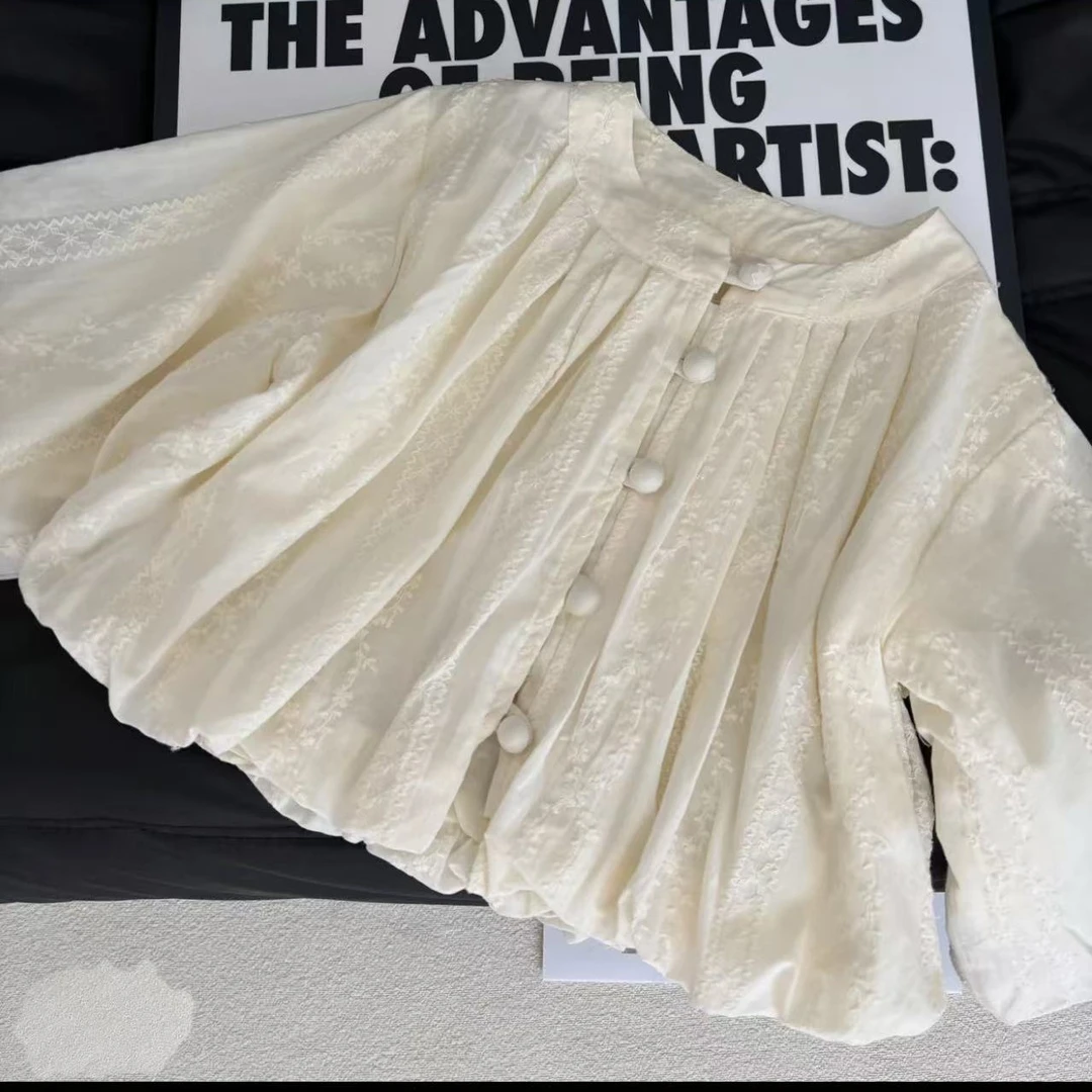 女童装春秋装衬衫白色2025新款儿童灯笼袖蕾丝刺绣上衣小女孩衣服