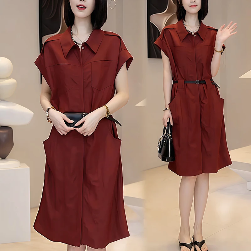 韩版时尚气质翻领短袖连衣裙女2025年夏季新款小个子减龄遮肉裙子