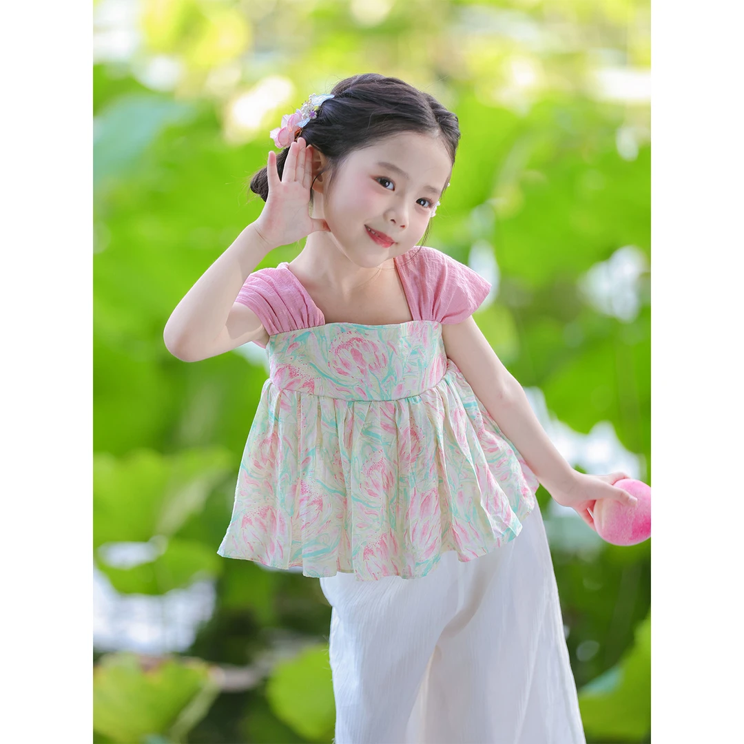 雾里玫瑰-女童套装2025夏季薄款新中式国风汉服唐装