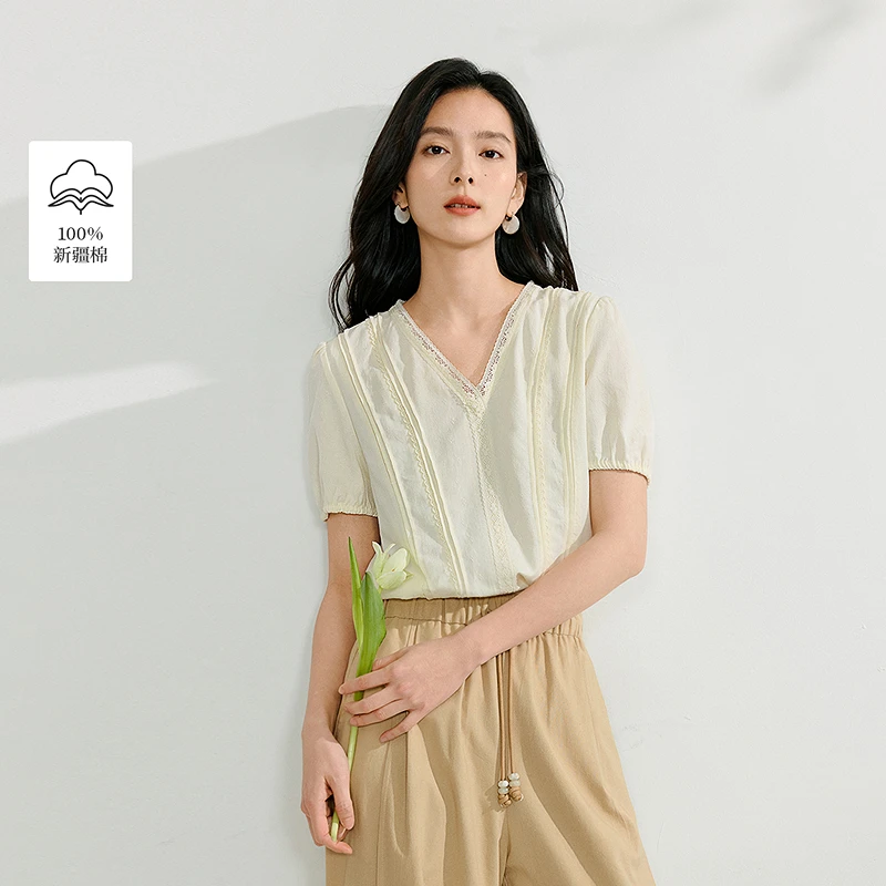 【一秒入夏】茵曼2025夏季新款女衬衫衬衣上衣短袖女装泡泡袖纯棉
