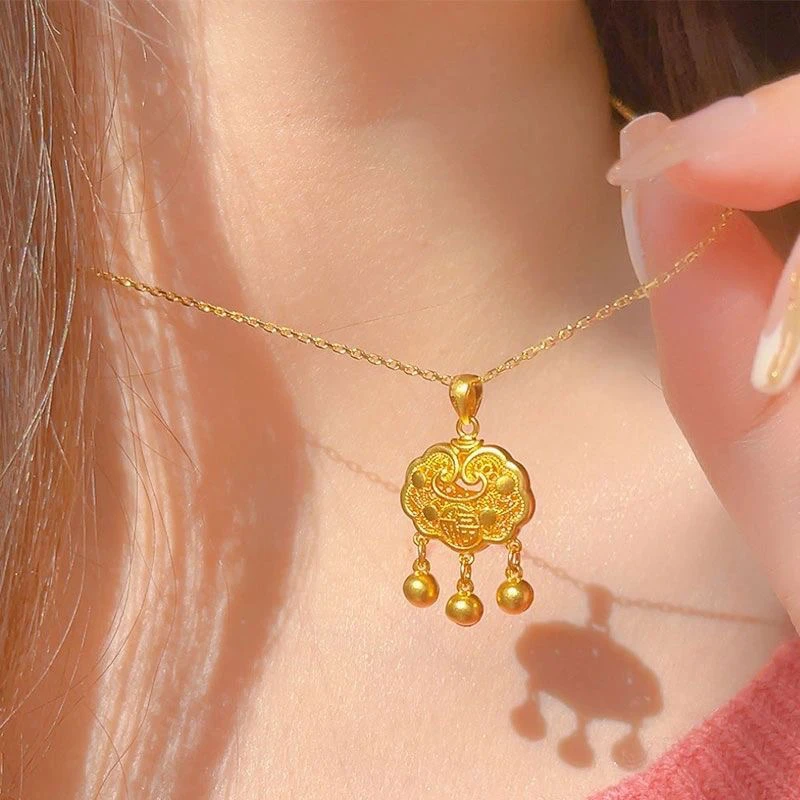 钛钢仿珍珠项链 中国风福字平安如意锁钛钢项链女长命锁【328】