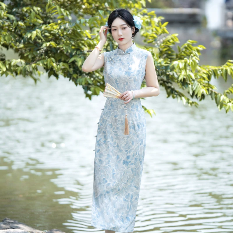 WX0056【碎梦】浅蓝色文艺花叶中国风旗袍气质显瘦中式日常连衣裙