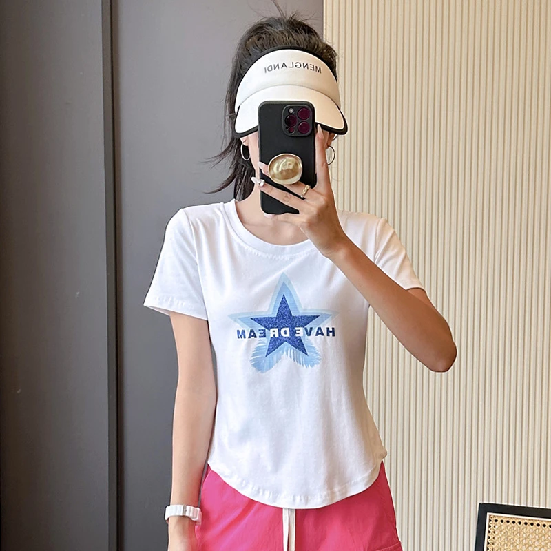 2025夏新款广场舞服装炫彩亮片印花T恤舞蹈运动跑步健身跳操上衣