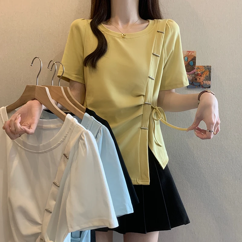 A2025新款显瘦大码设计感不规则短袖T恤夏季新款减龄斜扣小众上衣