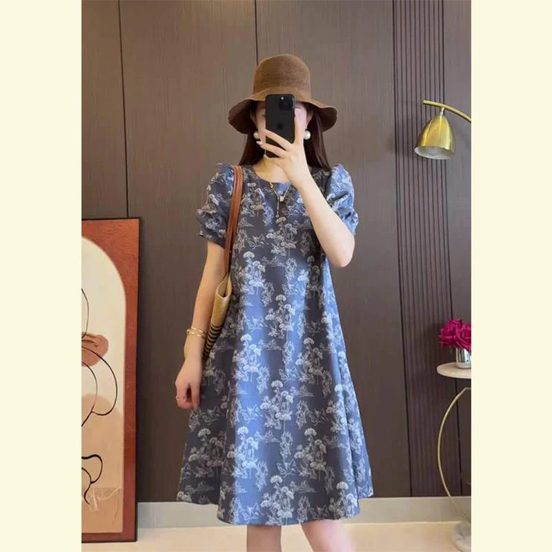 简单大方的新中式国风气质收腰蓝色泡泡袖印花短袖连衣裙子女夏季