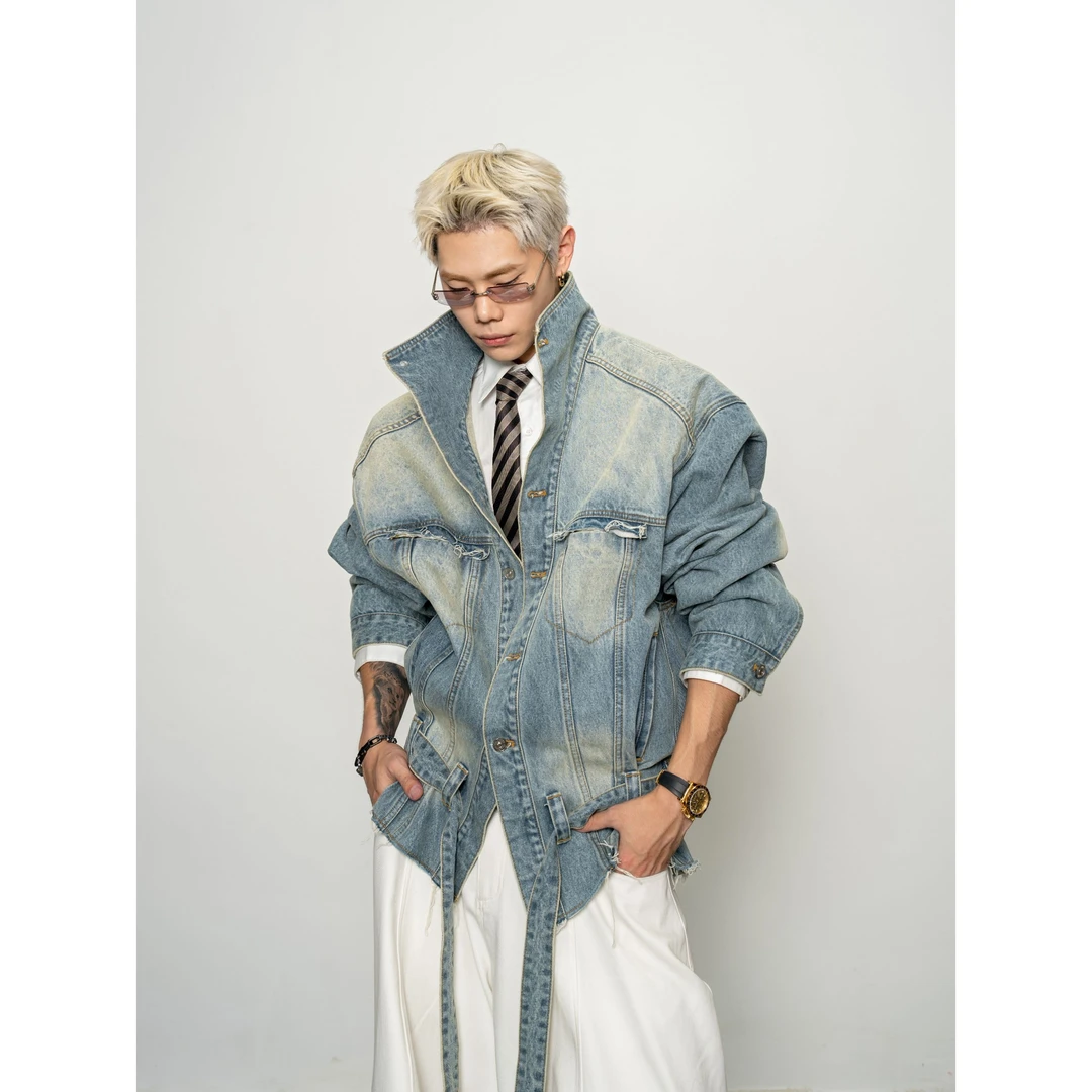 DBW Doublewin大立领廓形牛仔夹克水洗毛边腰带设计宽松外套1416