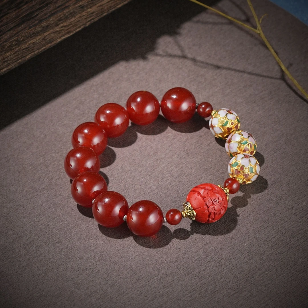 红玛瑙景泰蓝雕漆手串 08001914