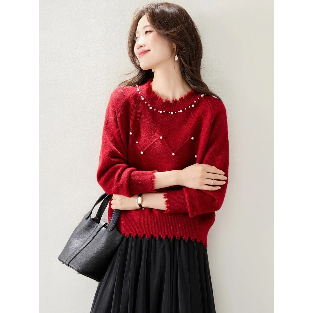 秋冬2025新款红色钉珠毛衣女长袖内搭针织衫温柔淑女风打底衫上衣