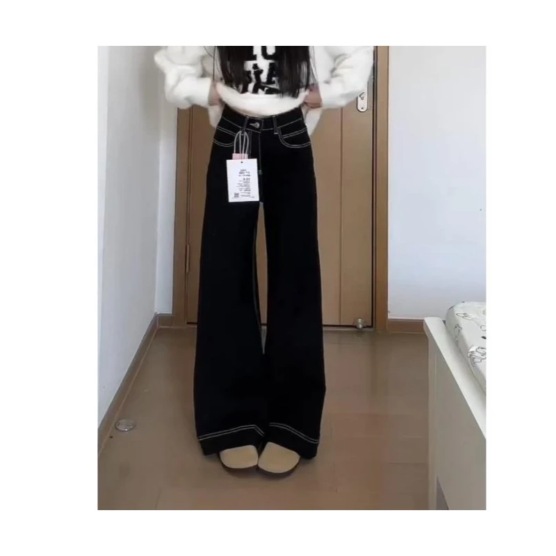 1004新款拼接软牛仔薄料不贴腿牛仔黑色微喇阔腿裤宽松显瘦高腰裤