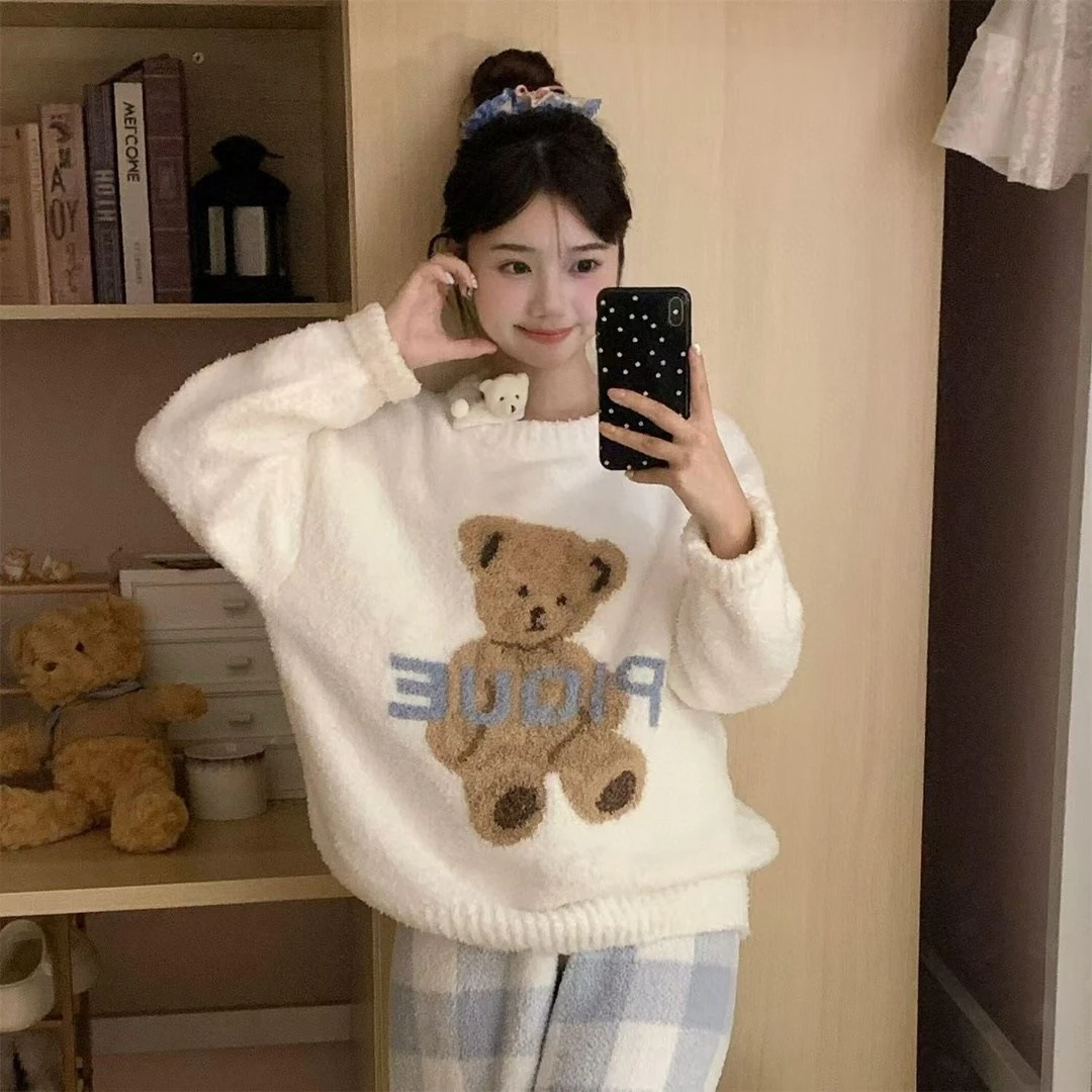 小白熊云朵软绵绵半边绒睡衣秋冬舒适可爱甜美卡通家居服套
