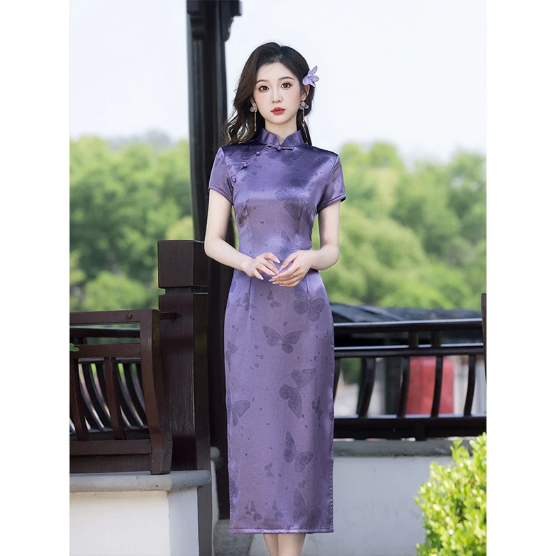新中式温柔紫色显白缎面改良旗袍女2025春夏印花长款连衣裙