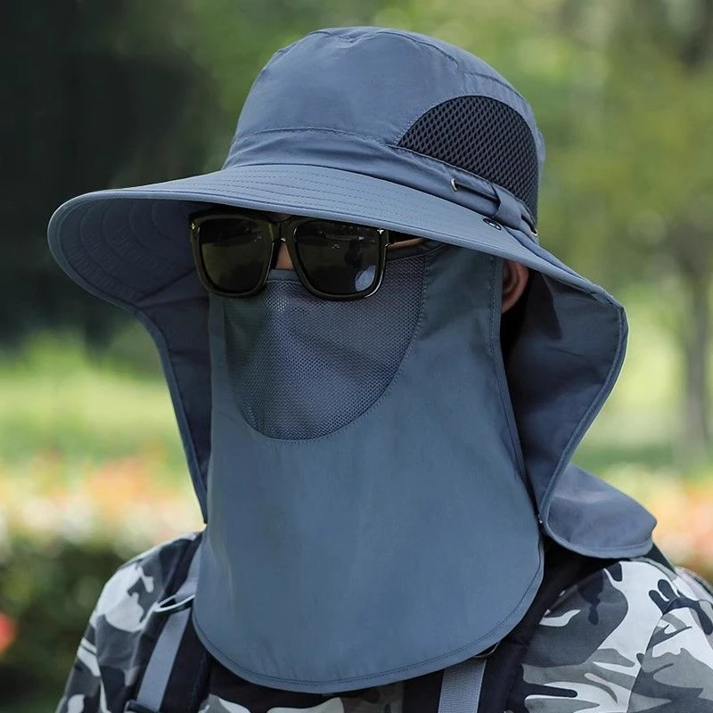 渔夫帽夏季防紫外线遮阳帽子钓鱼遮脸护颈一体男防晒帽大檐太阳帽