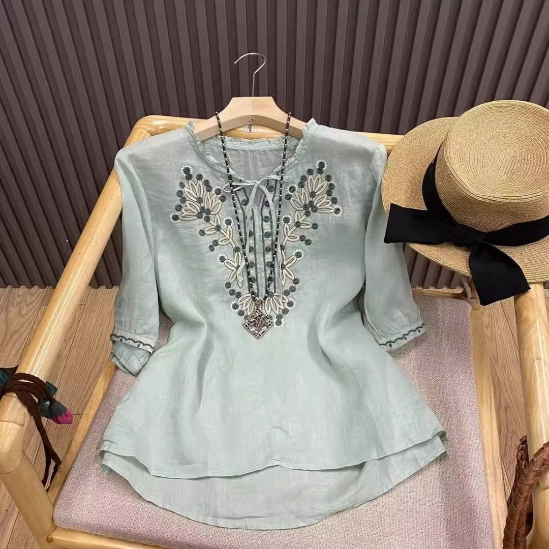 2025夏季时尚新款复古轻薄木耳领套头衬衫文艺中袖宽松薄款上衣女