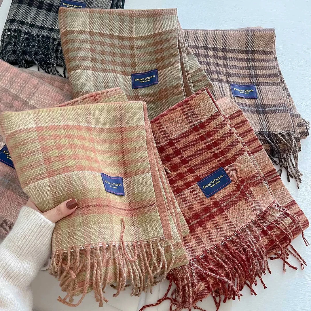 6色；秋冬季新款仿羊绒韩系格子围巾男女情侣款加厚保暖围脖学生