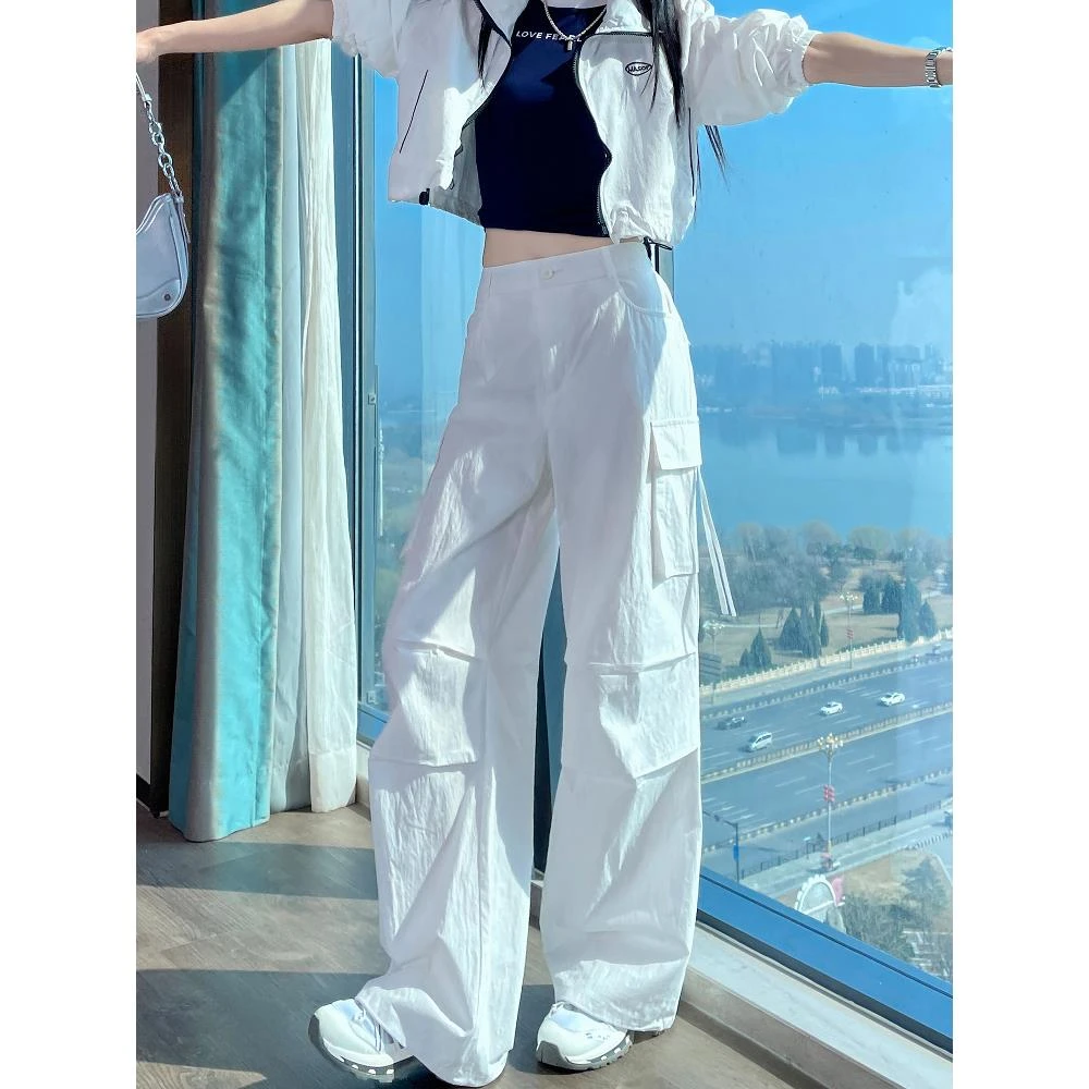 白色美式速干工装裤女夏薄款2025新款高腰宽松束脚运动直筒阔腿裤
