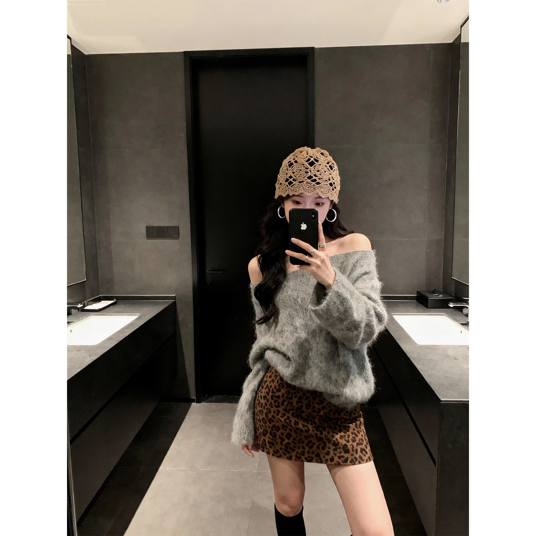 一字领毛衣露肩针织衫斜肩一字肩宽松上衣豹纹短裙A字裙包臀裙女