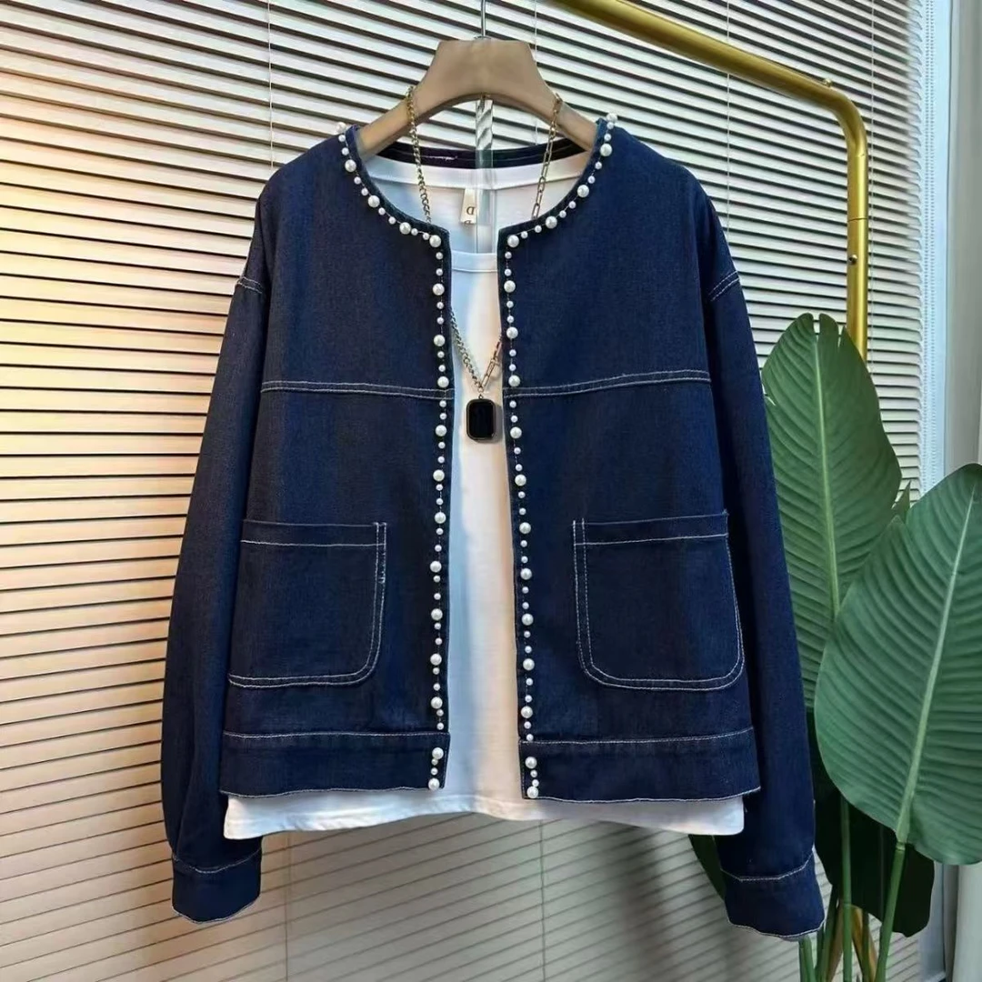 欧洲站2025春季新款欧货圆领珍珠单排扣明线小香风百搭牛仔短外套