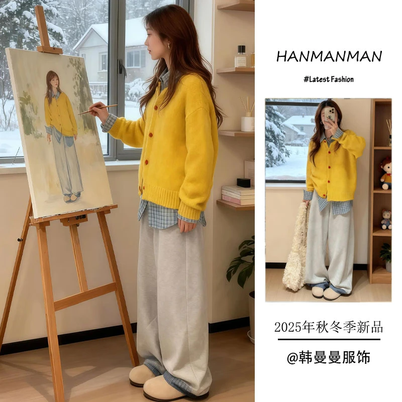 秋季2025年新款韩版高级感时尚简约格子衬衫针织毛衣阔腿裤三件套