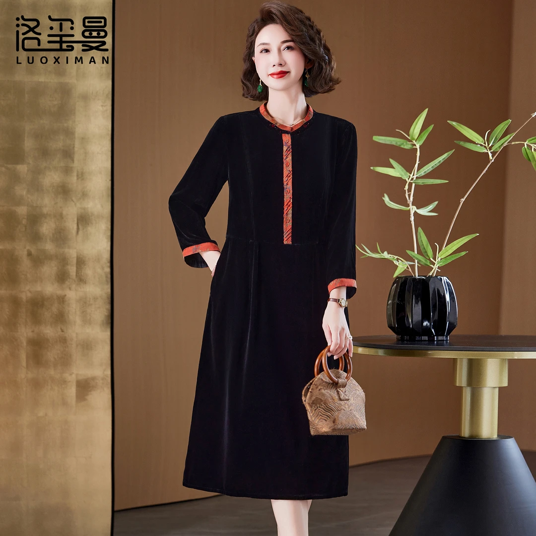 洛玺曼品牌真丝绒连衣裙中年气质女装高级感春季妈妈桑蚕丝中长裙