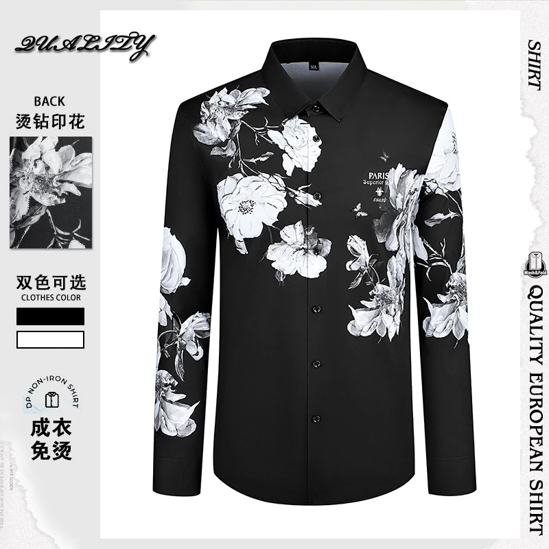 花衬衫男款长袖烫钻休闲印花衬衣春秋季免烫抗皱时尚潮流个性寸衣