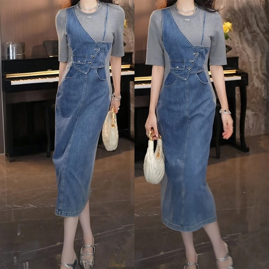 2024夏季新款小众设计感牛仔拼色背带假两件气质收腰显瘦连衣裙